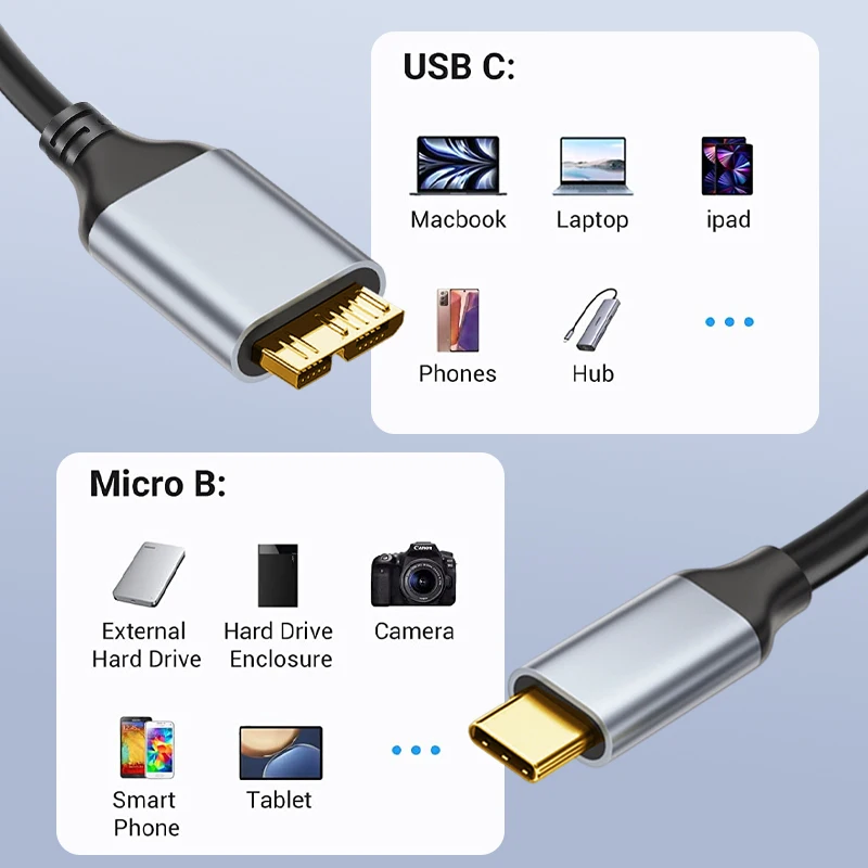 NIERBO USB C to Micro B Cord Hard Drive Cables Braided USB 3.0 Type C Male to Micro B Male Cable for MacBook Toshiba Canvio