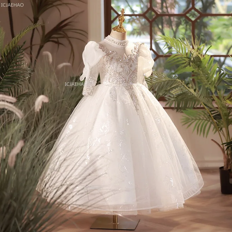 New Girls White Flower Girl Wedding Dress Children Middle Sleeve Puffy Performance Pageant Formal Princess Party Gown for Host view 3