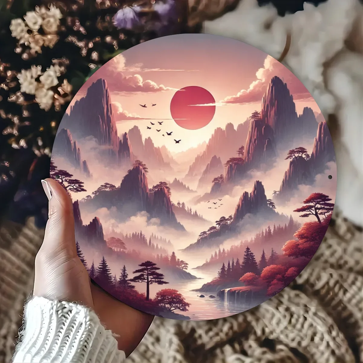Arte de pared de hojalata redondo, impresión plana, montaña pintada con pájaros volando en el paisaje del cielo, planeta de niebla rosa del bosque, 1 ud.