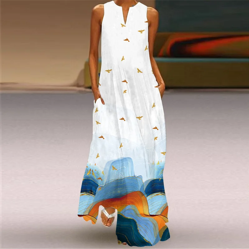 Elegant And Elegant Butterfly Flower Print Open Collar Long Dress 2024 Elegant And Sexy Pocket Loose Ankle-length A-line Dress