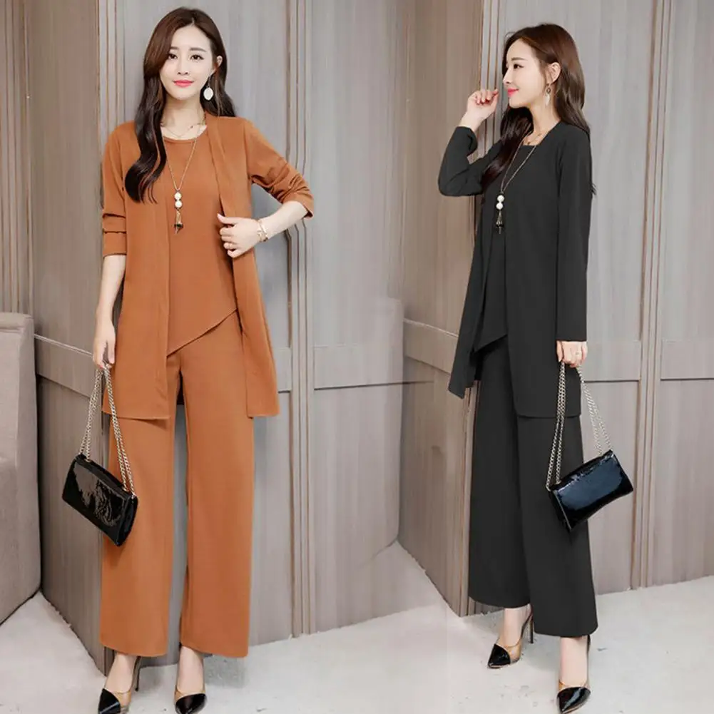 3Pcs/Set Elegant Lady Solid Color Set Irregular Hem Tank Tops Wide Leg Pants Mid-length Jacket Set 2024 Autumn Women Outfit