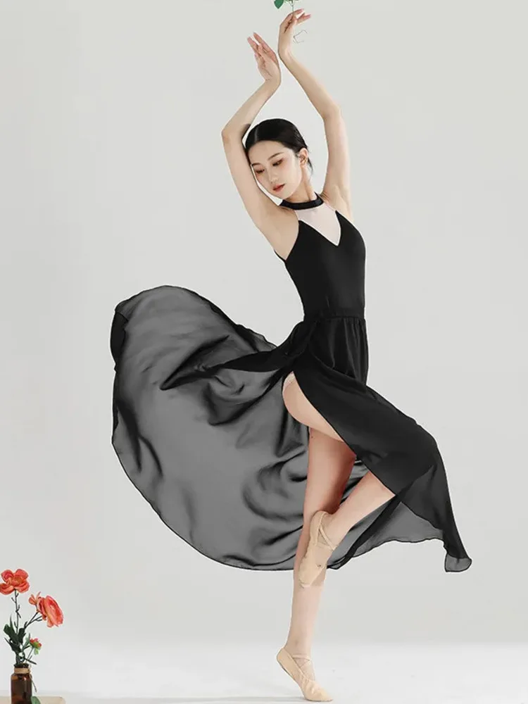 Abito con orlo diviso patchwork in rete senza maniche con scollo all'americana – Costume da palcoscenico per balletto slim fit per spettacoli di danza da donna