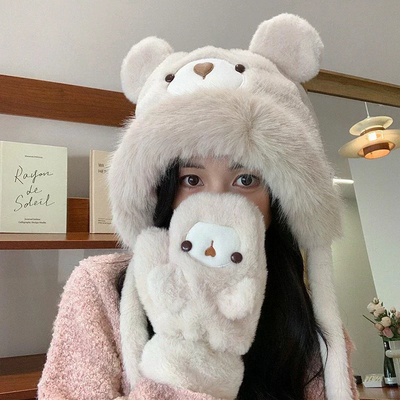 

Small Bear Raven Hat Winter Cartoon Cute Plush Hat Women's Outdoor Fashionable Warm Ear Protection Pullover Hat