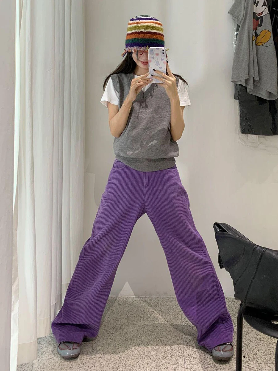 ReddaChic Women Fleece Lined Corduroy Pants Purple Retro High Rise Straight Wide Leg Plain Casual Thermal Trouser Winter Clothes