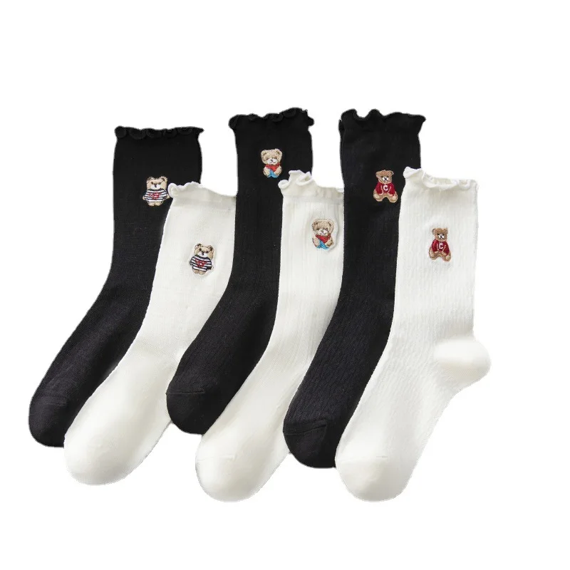 Spring And Summer New Women's Socks Korean Version Of The Fungus Edge Embroidery Bear In The Tube Socks Thin Mesh Breathable