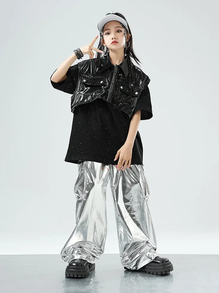 Girls Boys Hip Hop Leather Motorcycle Vest Cargo Pants Girl Waistcoat Street Dance Joggers Sleeveless Jacket Child Punk Costume