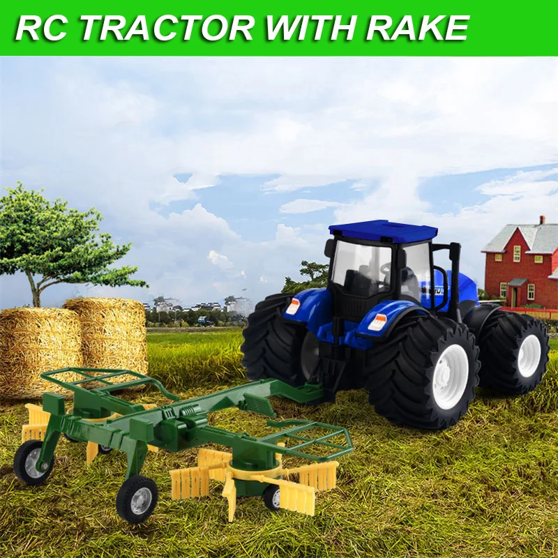 RC Truck Farm Tractor with 2 Rechargeable Batteries 1/24 High Simulation Construction Vehicle with Dual Rotary Swath Windrower