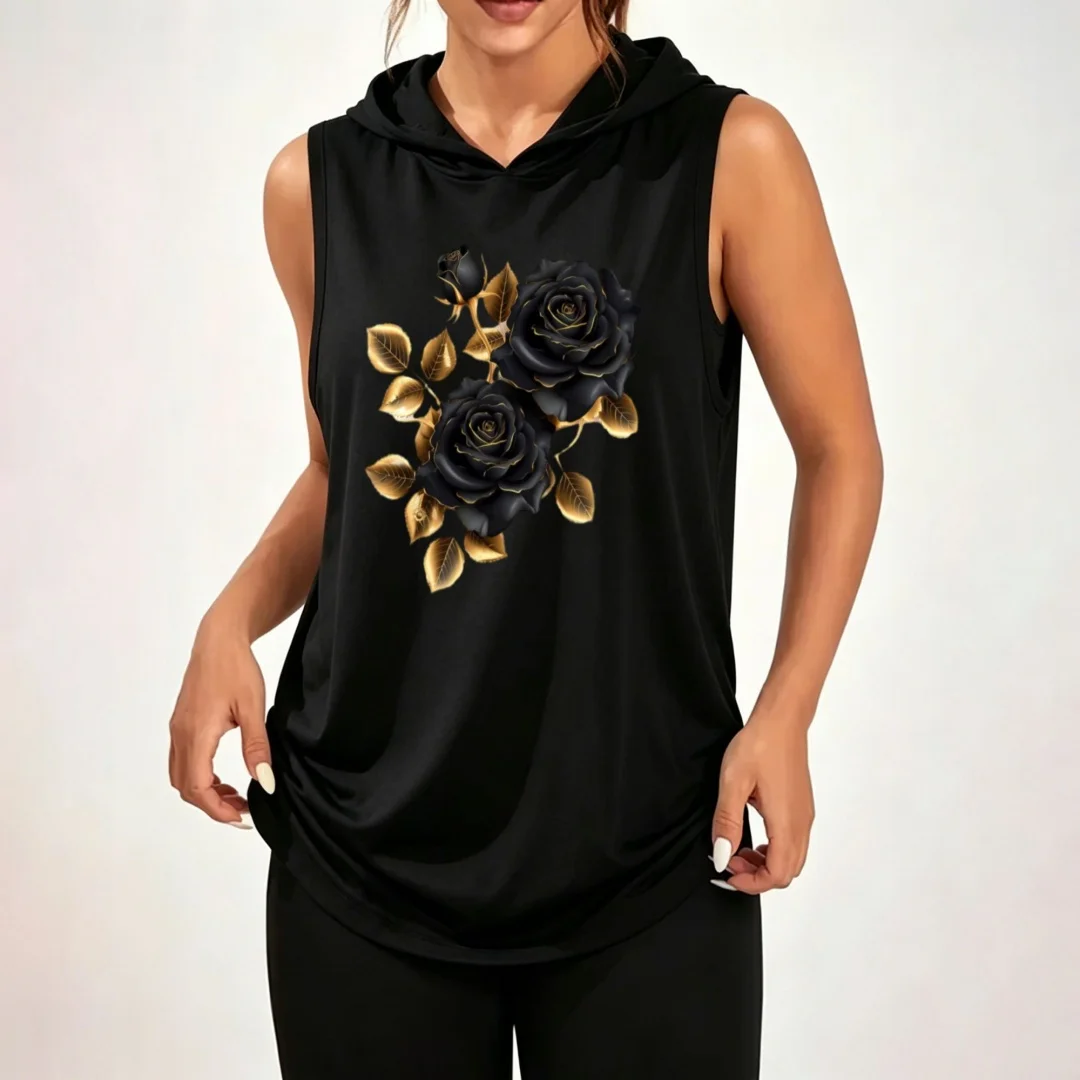 Unisex Sleeveless Hoodie – Metallic Gold Leaf and Black Rose Print, 100% Polyester, Loose-Fit Casual Athletic Top