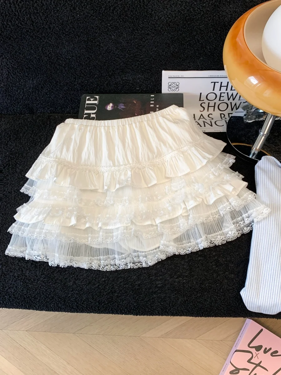 バレエスタイルハイウエストふわふわケーキスカートレディース春夏新作スリムaラインスカートレーストリム甘い和風