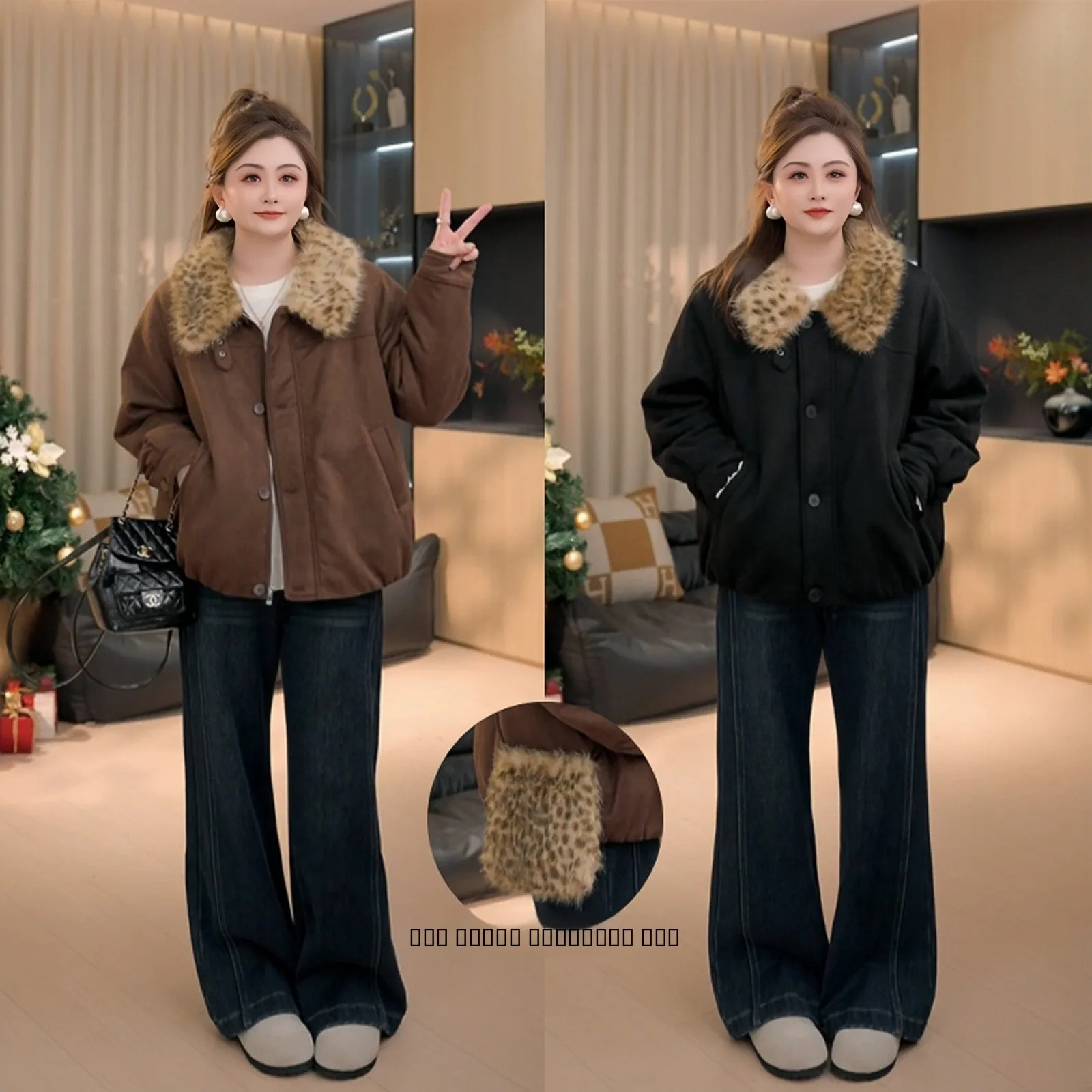 

plus Size Women's Thiened Cotton Jaet with Large Fur Collar Leopard Print Casual Winter Outerwear for Plump Sister