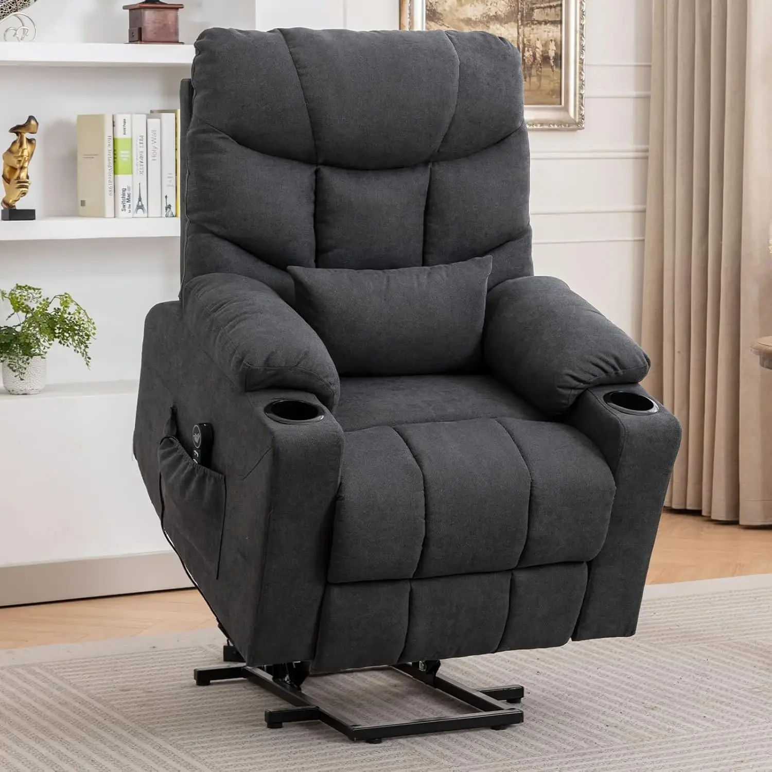 Silla elevadora reclinable para ancianos, sillón con vibración calentada, tela de tela, reclinable eléctrico con bolsillos laterales