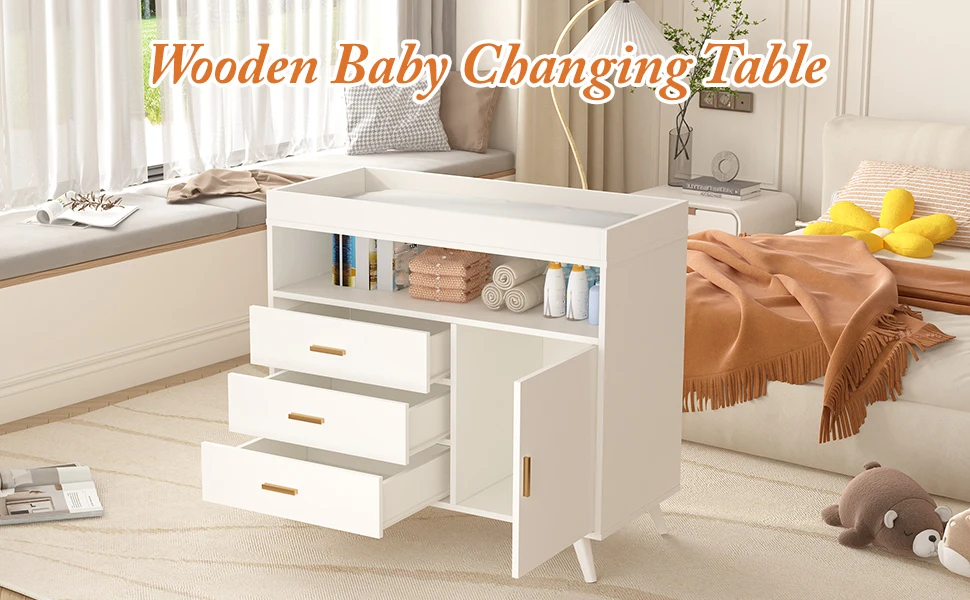 Spacious Wooden Baby Changing Table Dresser - 3 Drawers & Open Shelves - Removable Top - Infant Nursery Diaper Changing Station