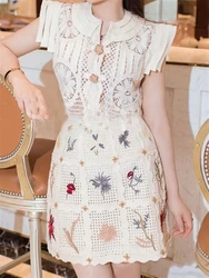 Woman Two Piece Set Women Clothing Elegant Embroidery Lace Single-breasted Summer Sleeveless Top Shirt + High Waist Skirt Set