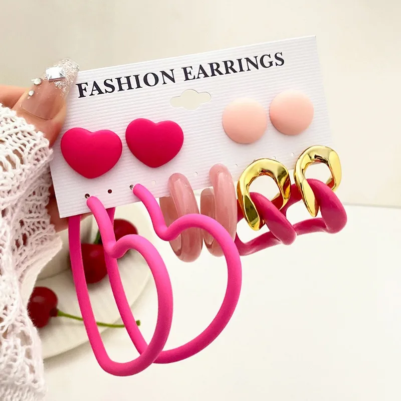 2024 New 5 Pairs Women's Resin Earrings for Women Extra-large Size Fashion Jewelry Geometric Crystal Heart Stud Earrings Jewelry