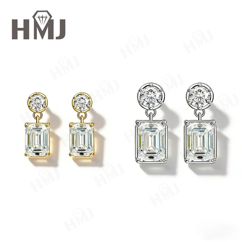 

D White Moissanite Round+Emerald Cut Earrings White/Yellow Gold Mixed Cut Stud Earrings Fine Jewelry Gift For Women Anniversary
