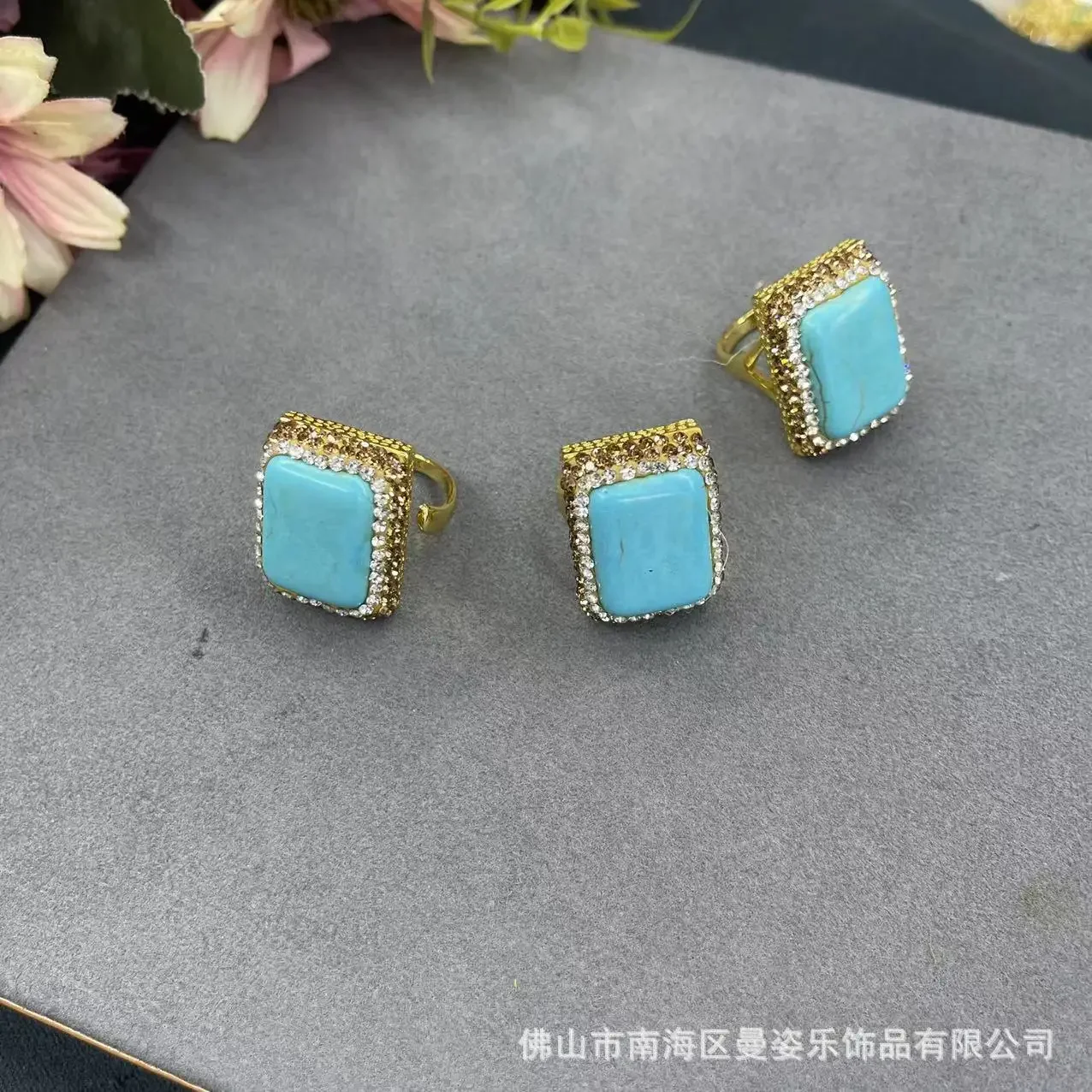 Turquoise clay inlaid with handmade point diamonds, adjustable ring, new Chinese live broadcast hot-selling niche jewelry