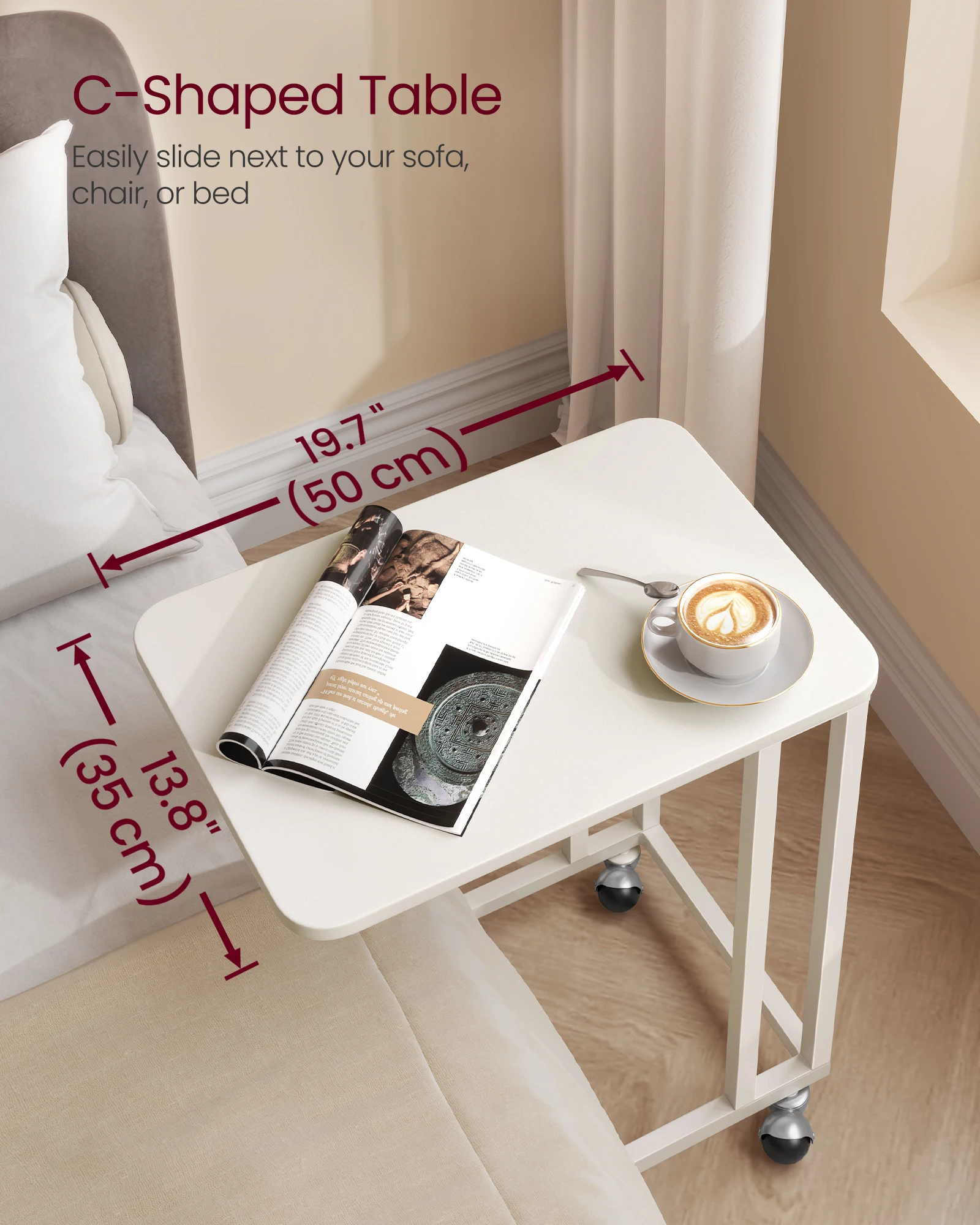 VASAGLE End Table, C Shaped TV Tray with Metal Frame Rolling Casters for Coffee Laptop Mobile Tablet, Industrial Side Table image 3