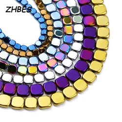 4/6/8MM naturalny hematyt kamień złoty kolor, niebieski, zielony płaskie kwadratowe przekładki luźne koraliki do tworzenia biżuterii bransoletki DIY ustalenia