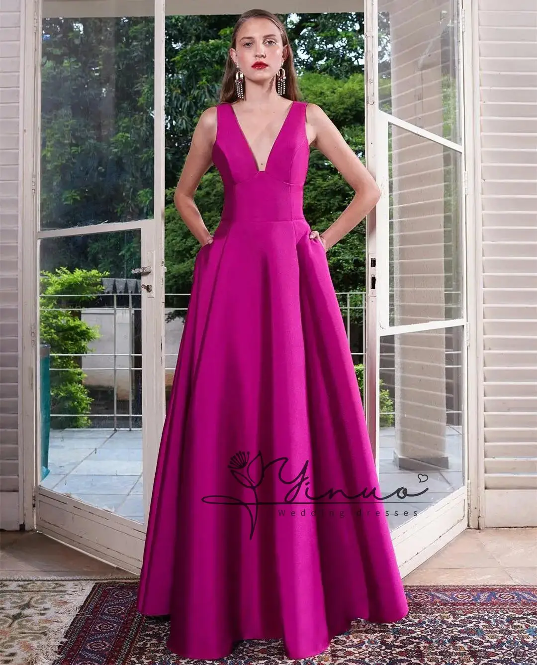 Long Fuchsia V-Neck Evening Dresses With Pockets A-Line Satin 이브닝 드레스 Floor Length فساتين السهرة Wedding Guest Dress for Women