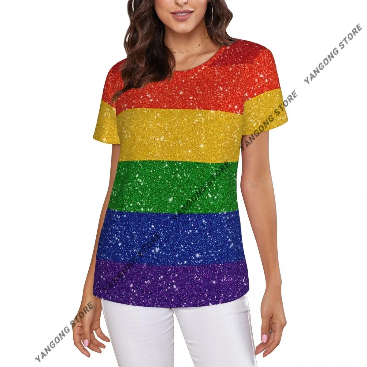 Women's T-shirt ladies casual Glitter Rainbow Pride Flag female T-shirt short-sleeved T-shirt summer thin tops