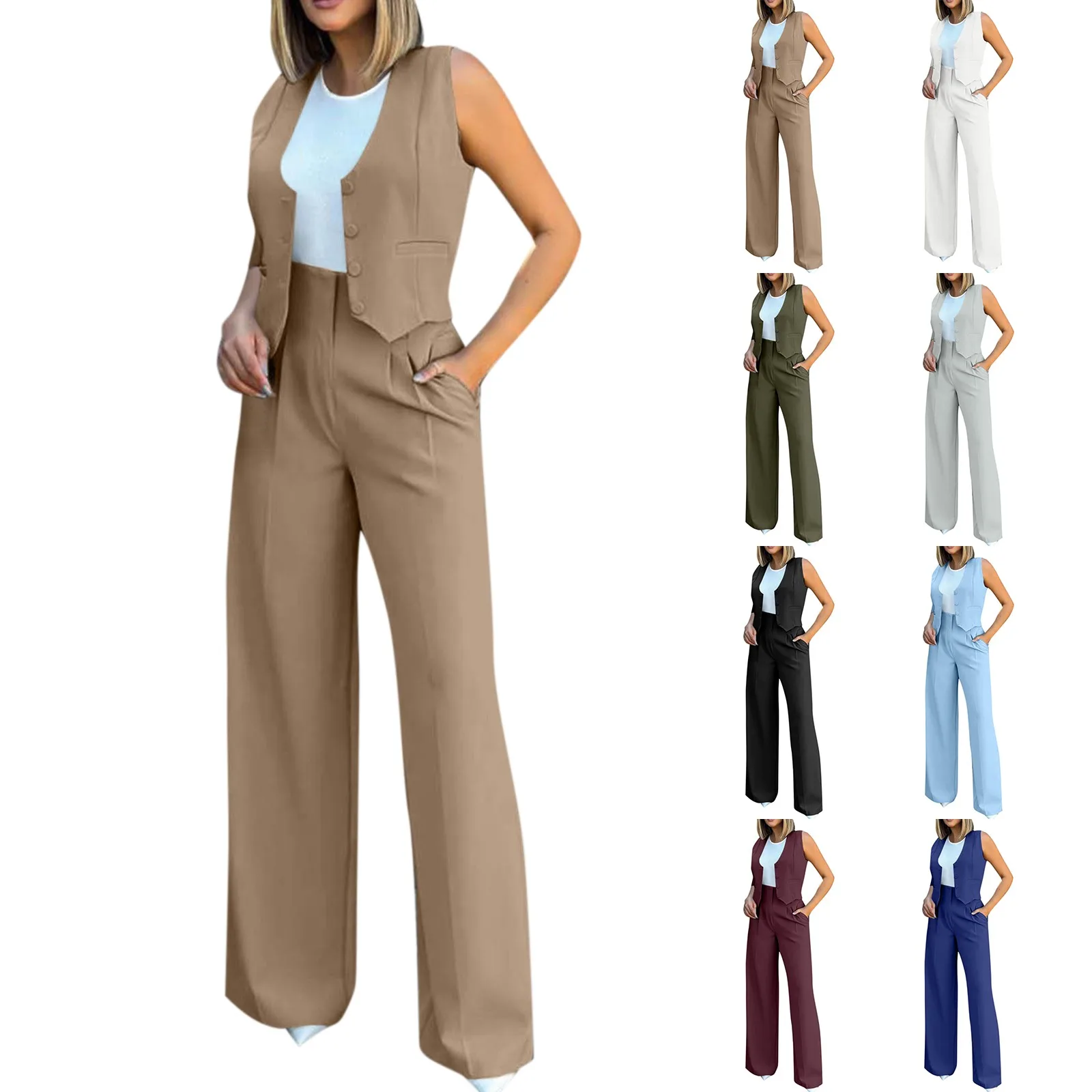 Pant Sets Women Sleeveless V-neck Vest High Waist Wide Leg Pant Suit Office Lady Casual Chic Vintage Elegant 2 Piece Sets Outfit