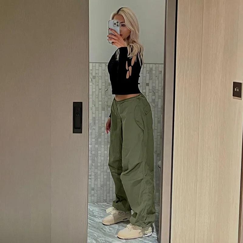 

Women Oversized Joggers Tech Pants Casual Solid Low Waist Drawstring Baggy Trousers Wide Leg Sweatpant Female Hippie Cargo Pants