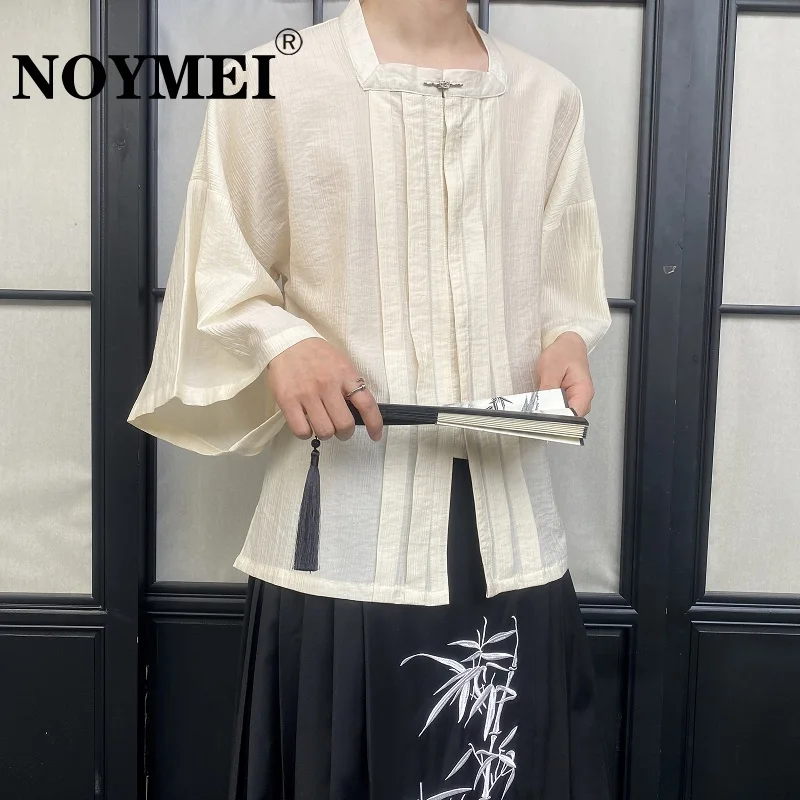 NOYMEI Vintage Style Summer 2024 New Chinese Square Neck Middle Sleeve Men Pleated Design Shirts Solid Color All-match WA4360