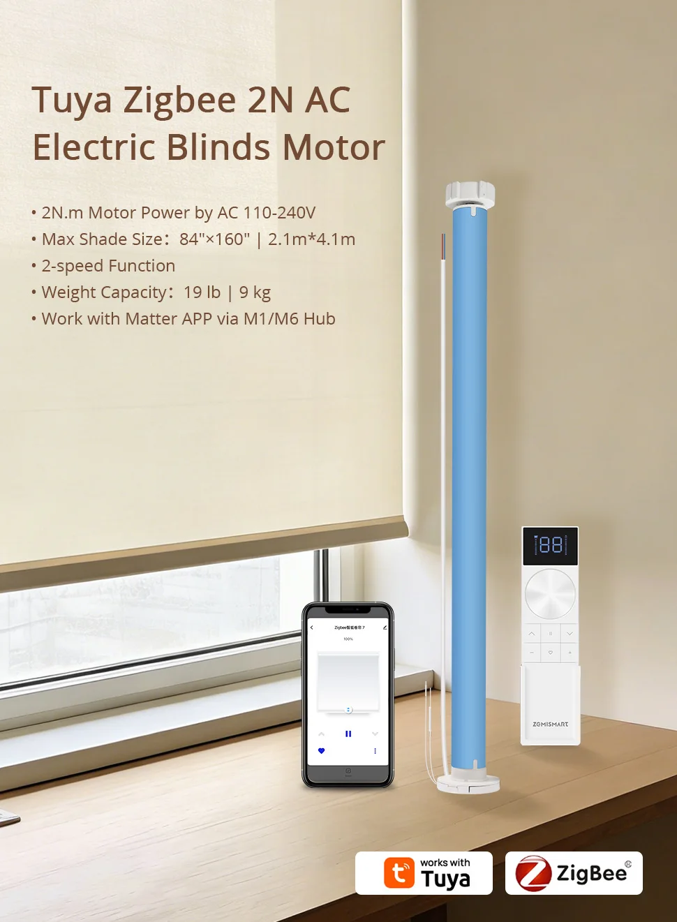Zemismart ZM25Z Zigbee Rolladenmotor Kompatibel mit Tuya 38mm Rohr Elektrischer Motor für Jalousien Alexa Google Home Sprachsteuerung – Detail 2