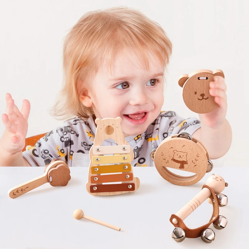 Kids Musical Instrument Toys Montessori Baby Wooden Cartoon Bear Percussion Toy Game Interactive Music Educational Toy Baby Gift