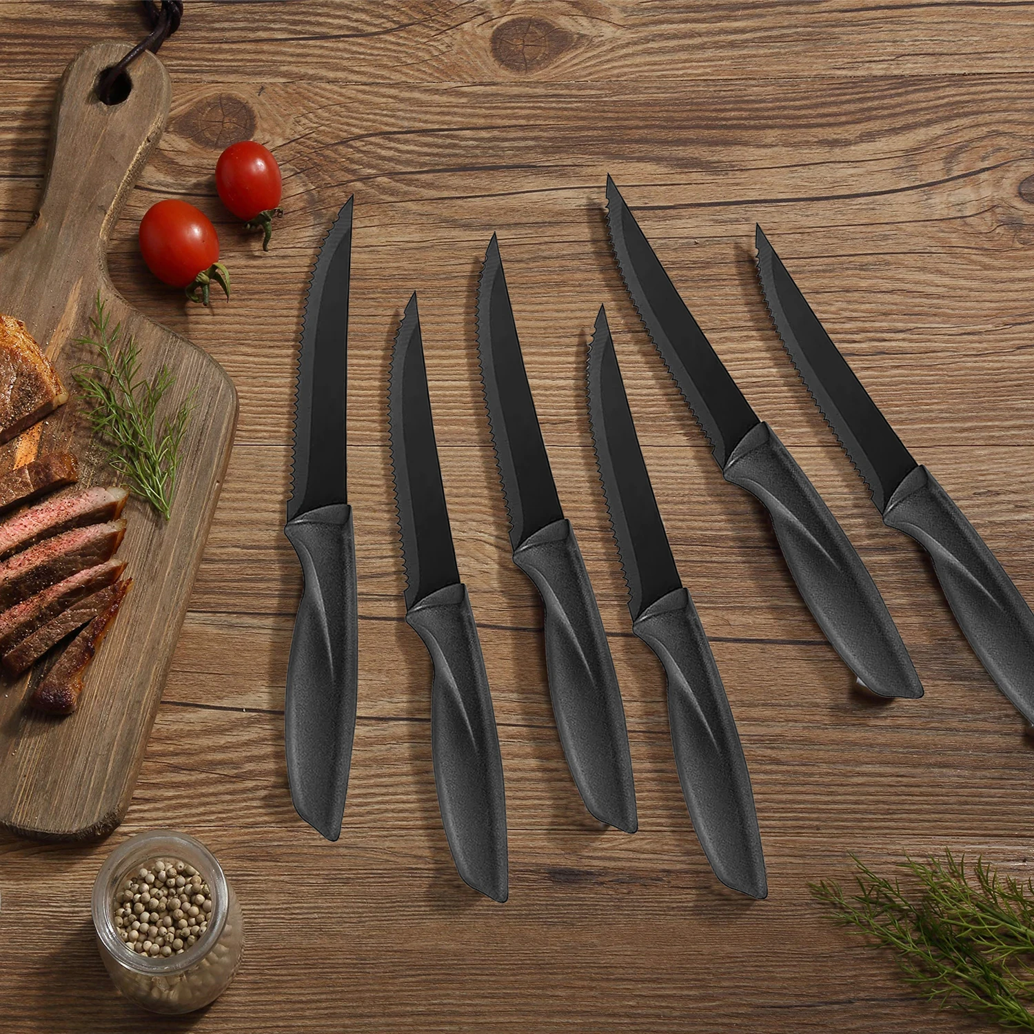 1/2/4/6/8 pieces Black kitchen knife, kitchen knives set, steak knife Stainless steel PP plastic handle serrated knife knife set