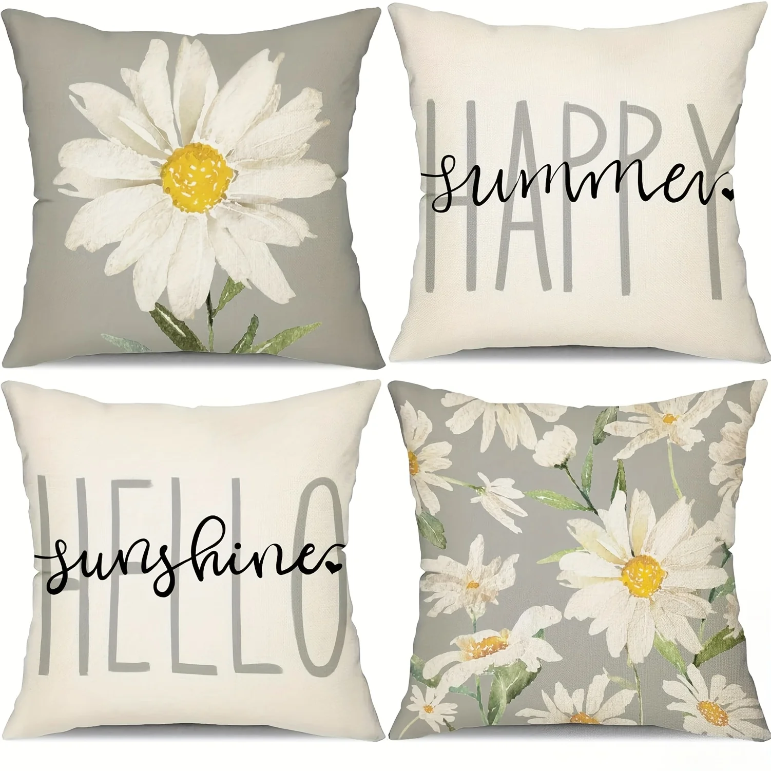 

4 шт. летние наволочки — акварельная ромашка с фразой «Hello Sunshine», белые и серые уличные наволочки для современного дивана
