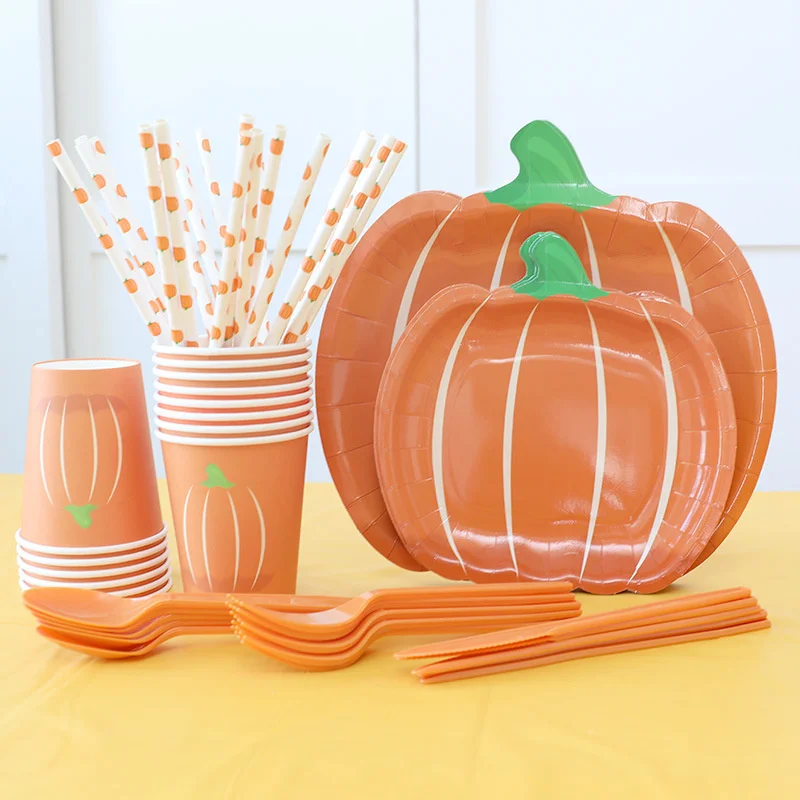 

10pcs Pumpkin Paper Plate Disposable Pumpkin Dinnerware Set Thanksgiving Decoration Orange Table Cloth Halloween Dinnerware Set