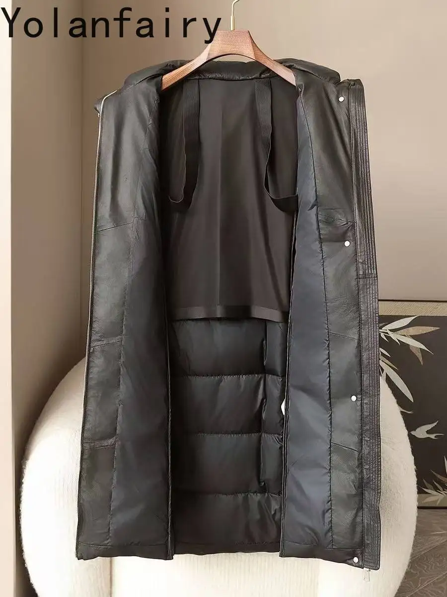 YOLANFAIRY Prawdziwa Skórzana Kurtka Puchowa Damska Zimowa Długa z Kapturem, Puchowa Kurtka z Gęsiego Puchu, Ciepła Modna Kurtka Puchowa Abrigos
