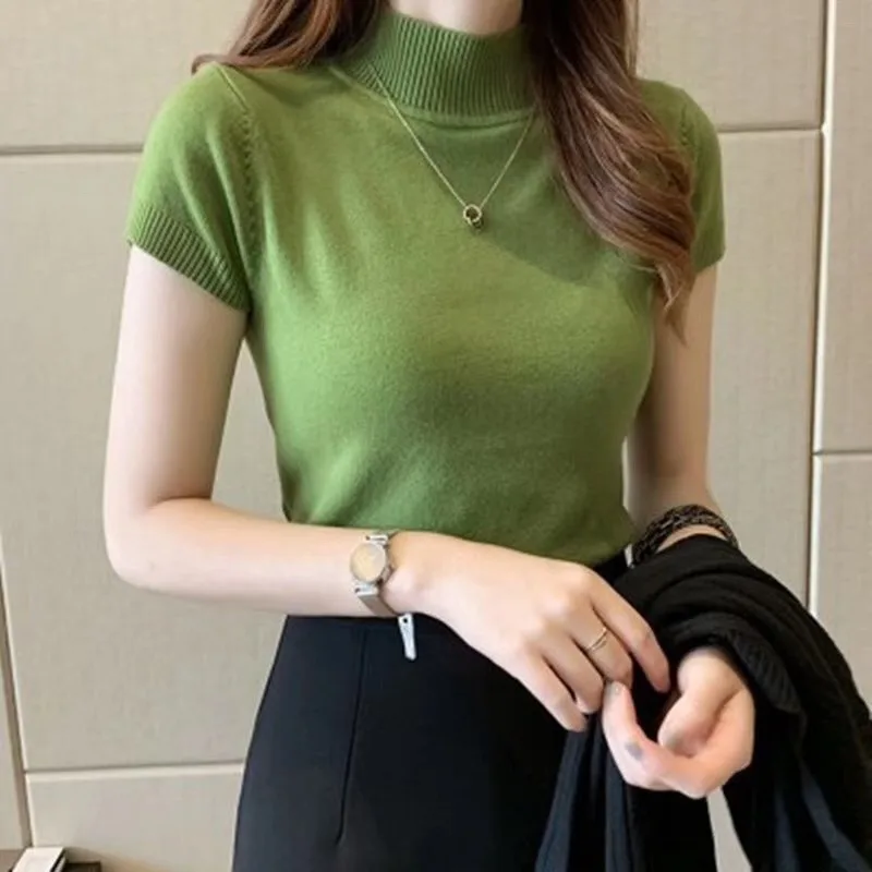 

Solid Color Mock Neck Knitted Top Short Sleeve Sweater Casual Basic Knit Slim Pullover Tops Shirt for Spring Summer Wardrobe