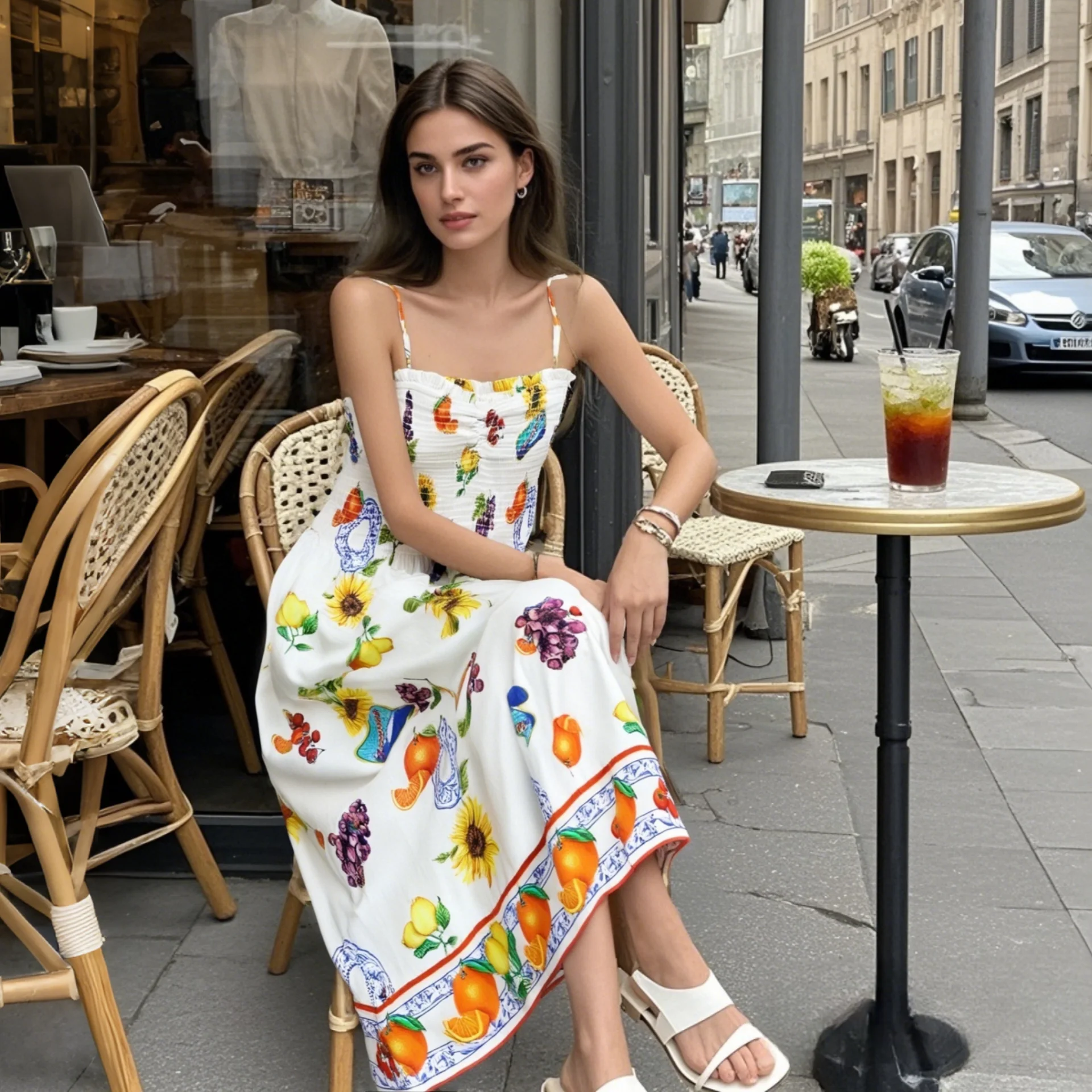 2025 New Arrival Women's Spaghetti Strap Strapless Midi Dress with All - over Fruit and Flower Pattern and Smocked Bodice