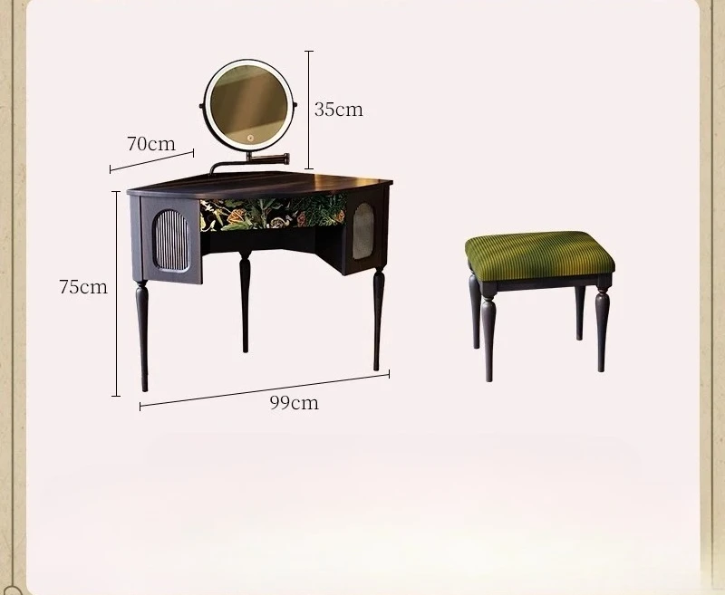 

Corner dresser, French retro small apartment, bedroom fan-shaped black ash wood solid wood makeup table