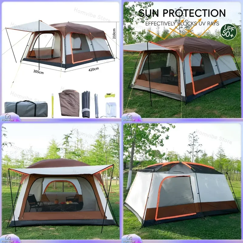 Large 2 Room 1 Living Room Camping Tent Waterproof Sunscreen Quick Open Portable Outdoor Family Shelter Hiking Beach House