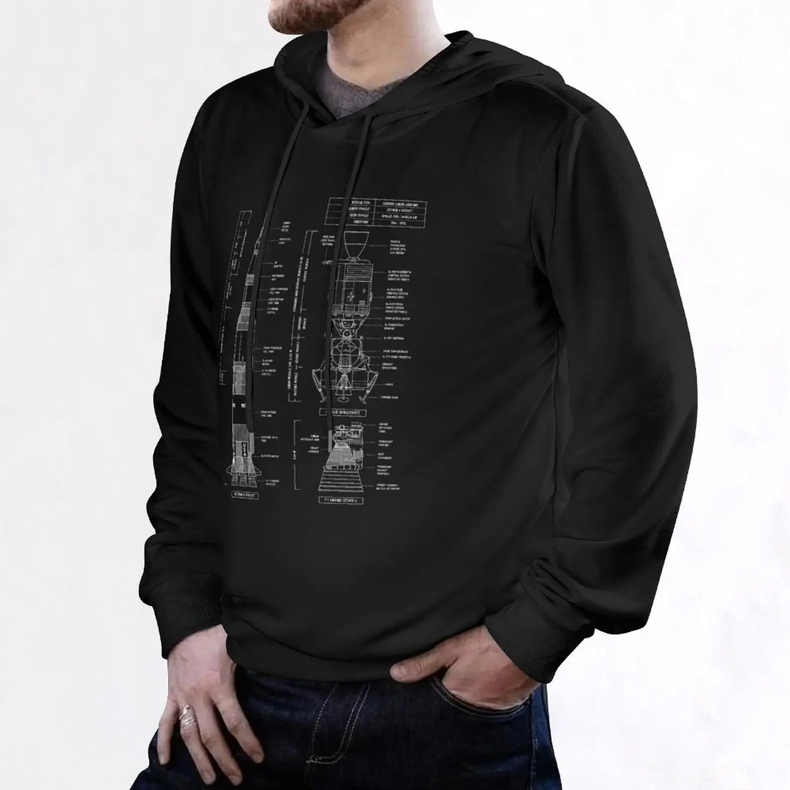 Saturn V / Apollo Crewed Lunar Expedition (White Stencil - No Background. Vertical) Pullover Hoodie