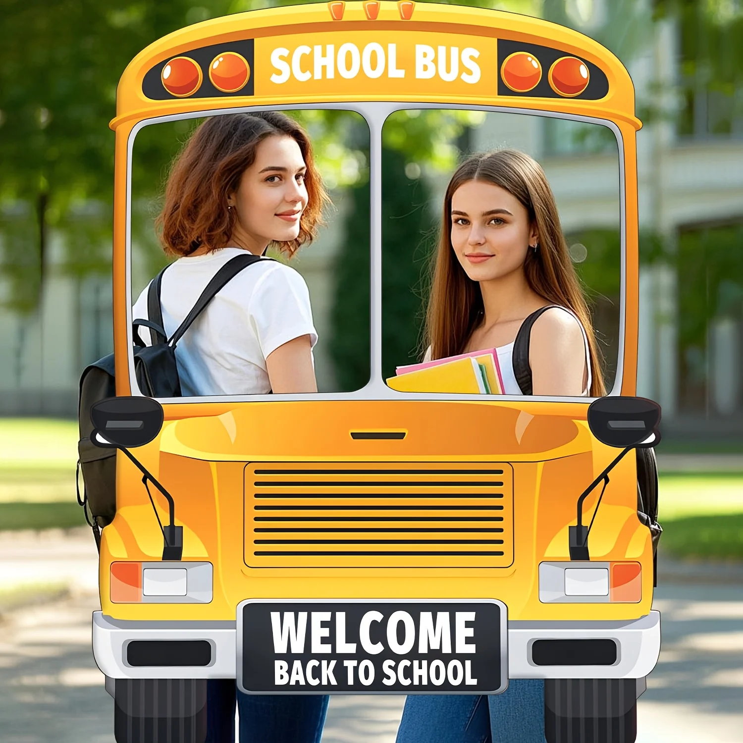 2D flat 1pc back-to-school season photography polyester banner, school bus theme photo props, selfie frame, banner, party view 2