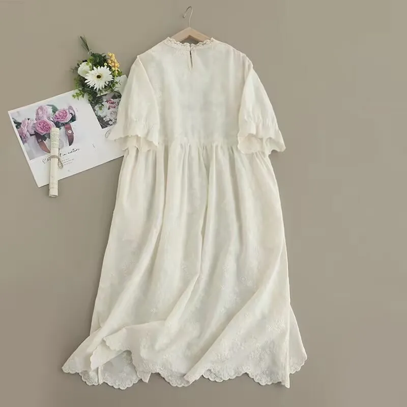 Cotton Embroidered Dress Short Sleeve Solid Color Women Summer Dress Japan Mori Girl  Vestidos