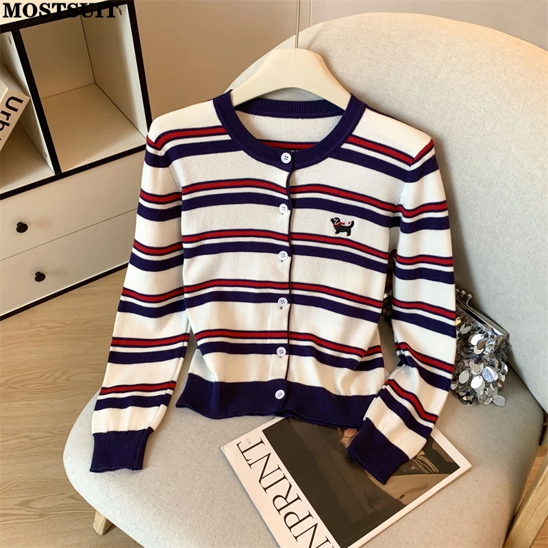 

Women Striped Knit Cardigan Sweater 2025 Autumn Winter Embroidery Long Sleeve Single-breasted Stylish Chic Tops Knitwear Jumpers