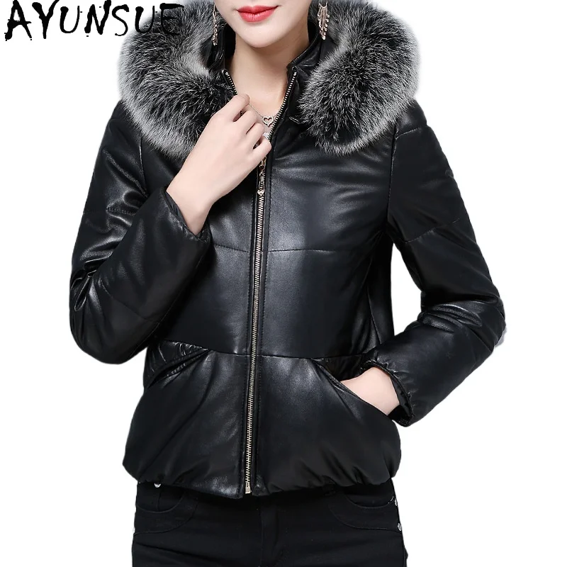 AYUNSUE Sheepskin Puffer Jacket Women New in Outerwears Short Coats Winter Genuine Leather Jacket Fox Fur Collar Casaco 2024