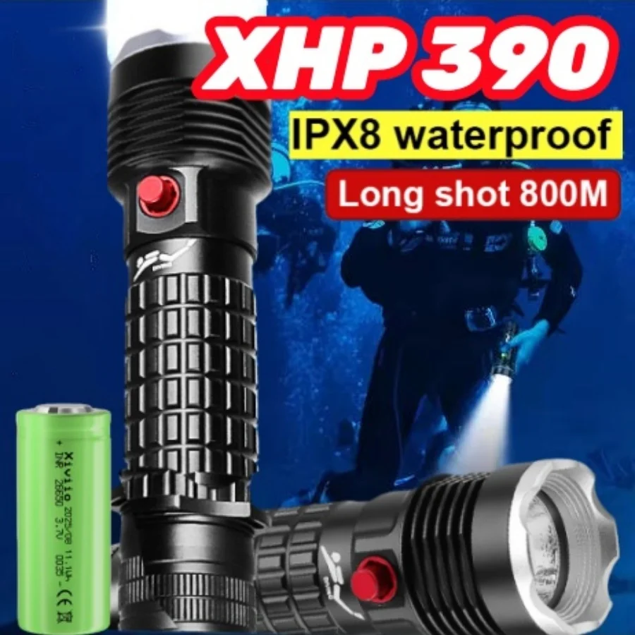 

Профессиональный фонарик для дайвинга XHP 390, IPX8, водонепроницаемый фонарик для подводной охоты, подводного плавания, высокий люмен, 26650, портативный прожектор