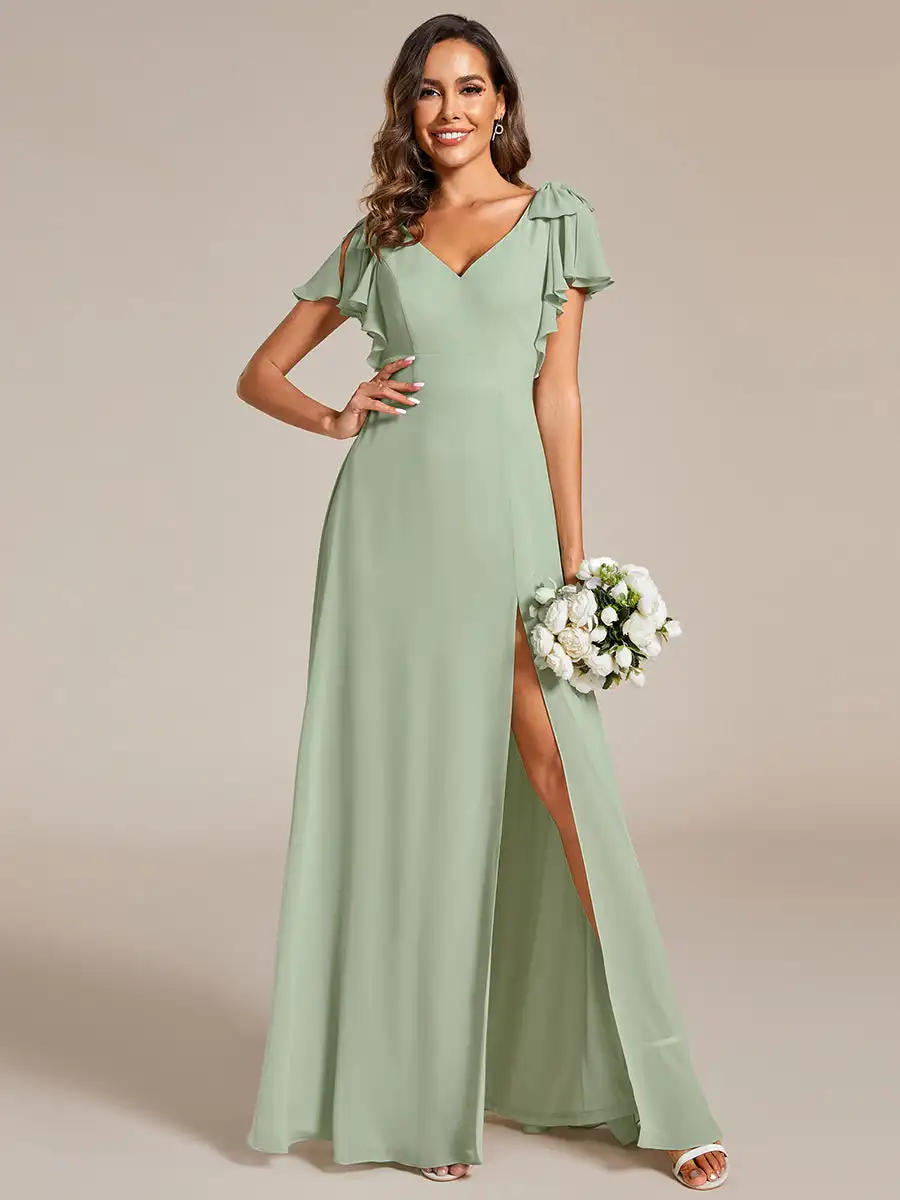 Elegant Evening Dresses Split Ruffles Sleeves with Bowknot V-neck 2025 Ever Pretty of Chiffon Mint Green Bridesmaid Dress