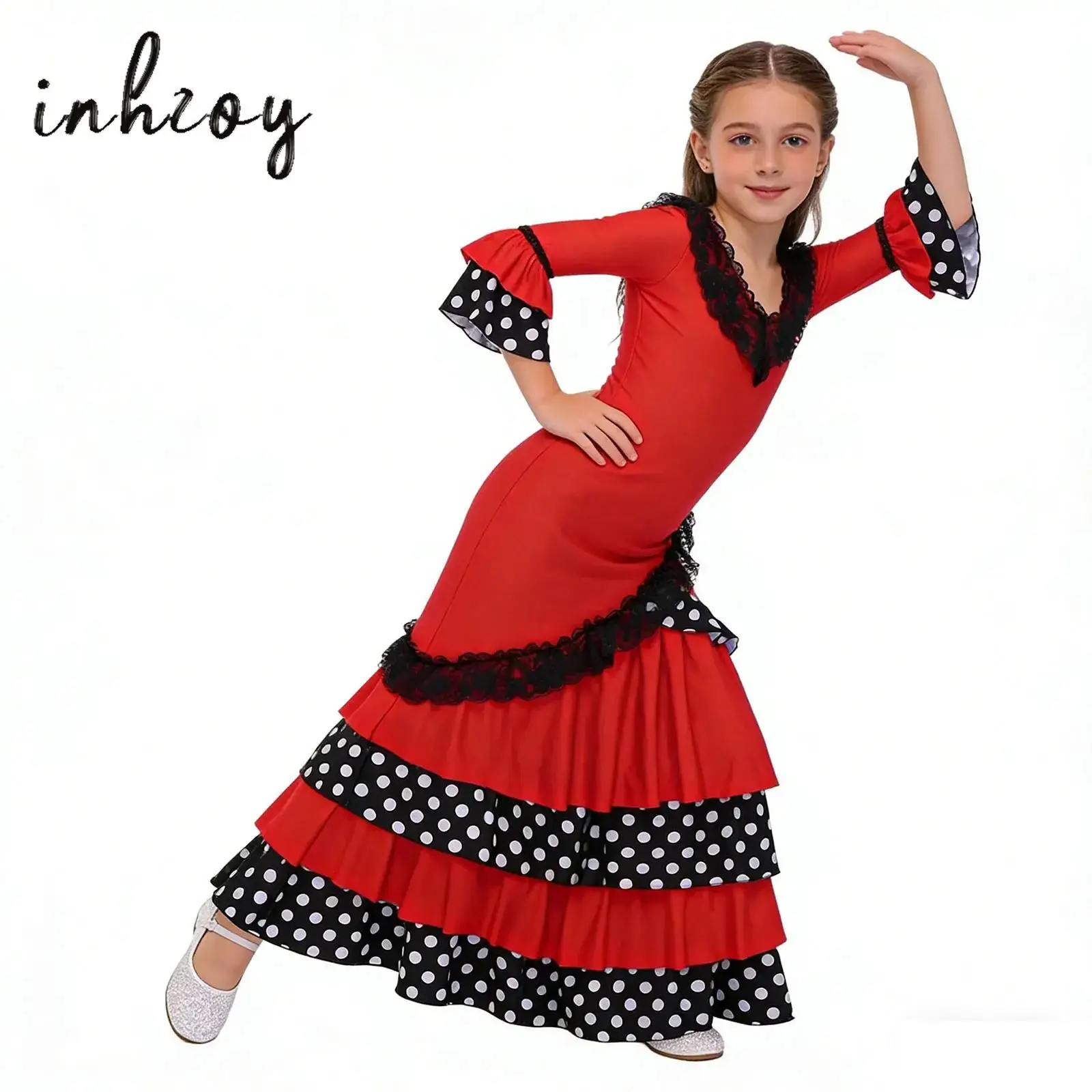 

Contrast Color Dots Tiered Ruffle Spanish Flamenco Dance Dress 3/4 Sleeve Children Skirt Traditional Classic Festival Clothes