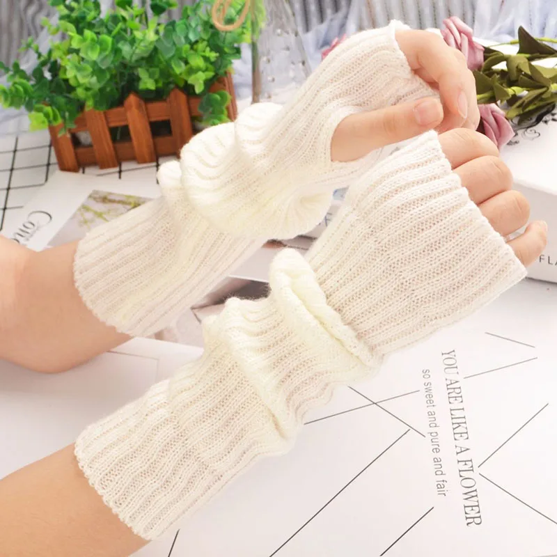 New Women Arm Warmers Japanese White Black Goth Knitted Kawaii Fingerless Gloves Ankle Wrist Sleeves Harajuku Girls Anime Gloves