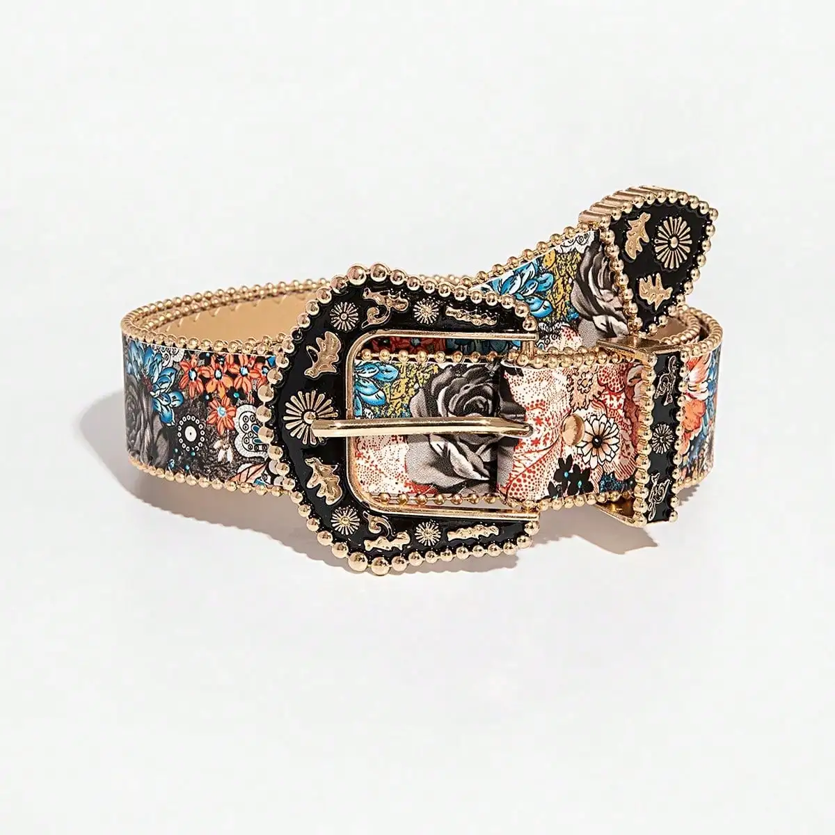 1pc Women's Aristocratic Palace Style Black Metal Buckle Multi-color Flower Print Belt, A Versatile Decorative Belt for Jeans
