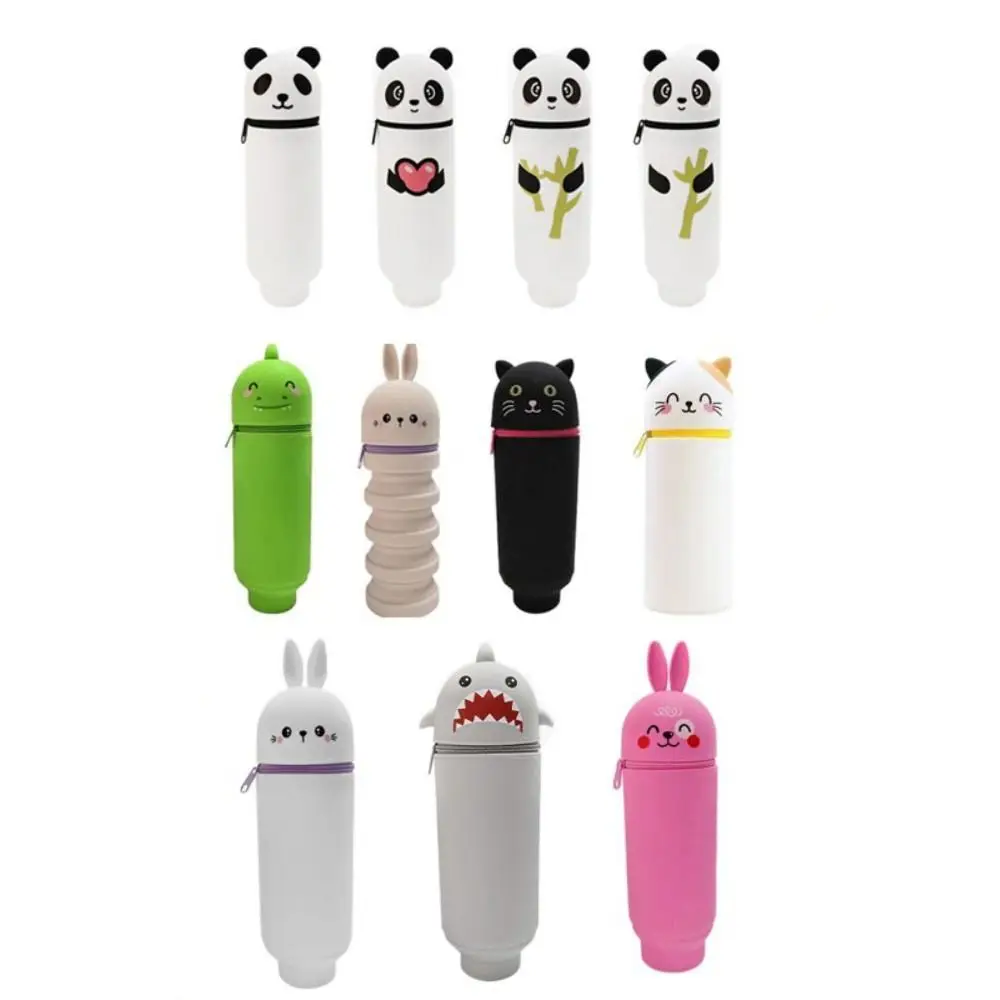 Cute Foldable Pencil Case Animal Shape Silicone Pen Container Rabbit Panda Dirt Resistant Stationery Organizer for Students