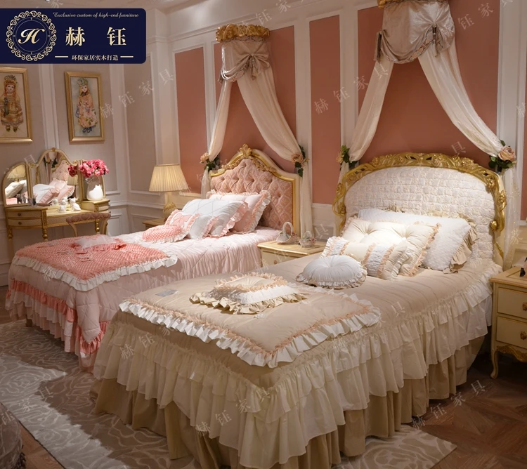 European-Style Wood Carved Bed Italian Neoclassical Bed Pink Backrest Girl American Fashion Princess Bed