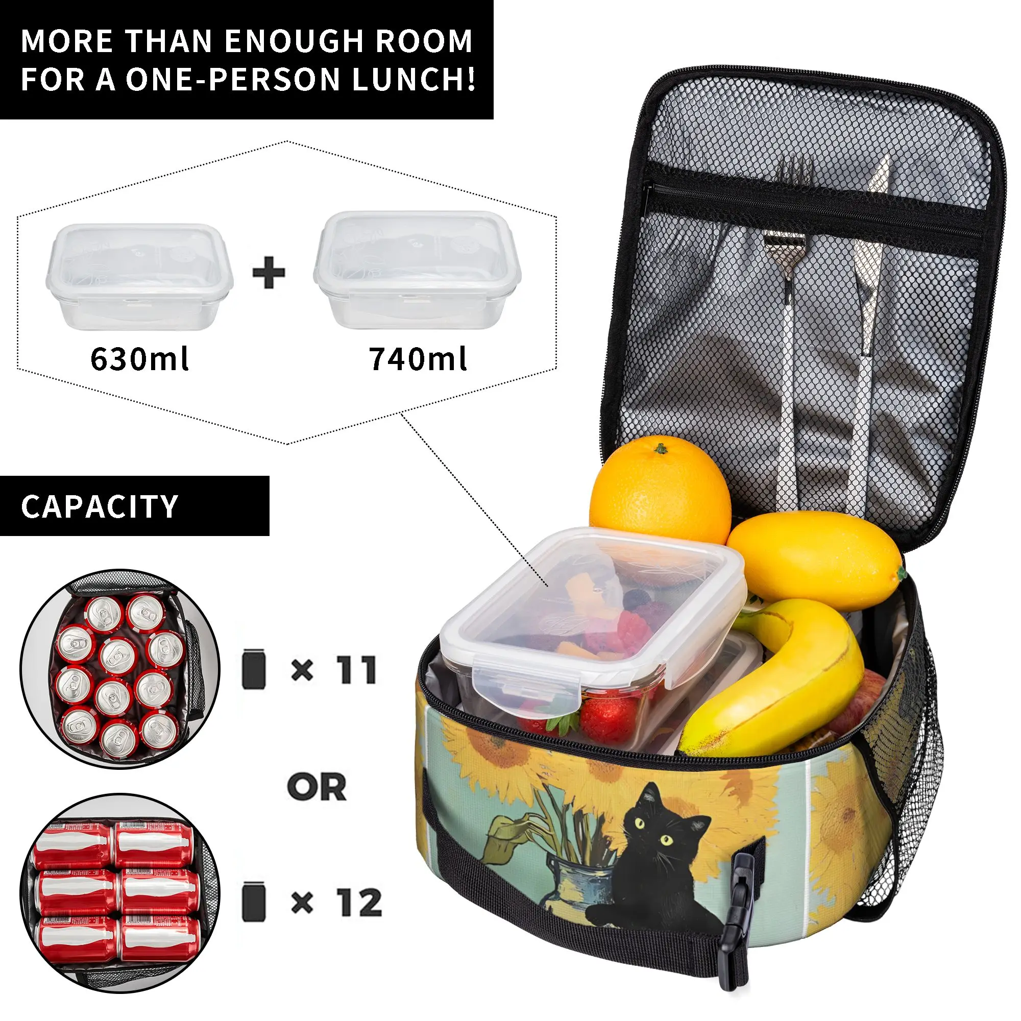 Van Gogh Sunflowers Cat Funny Tote Insulated Lunch Bag Oil Painting Portable Food Bag Leakproof Thermal Cooler Travel Large Size